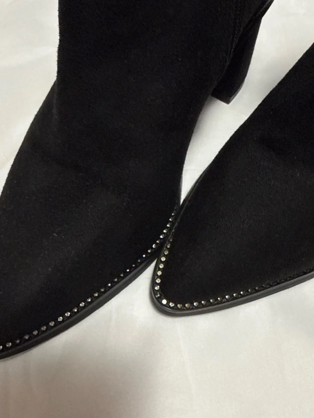 Jones New York Black Suede Pointed Toe Ankle Booties with Stud Trim
